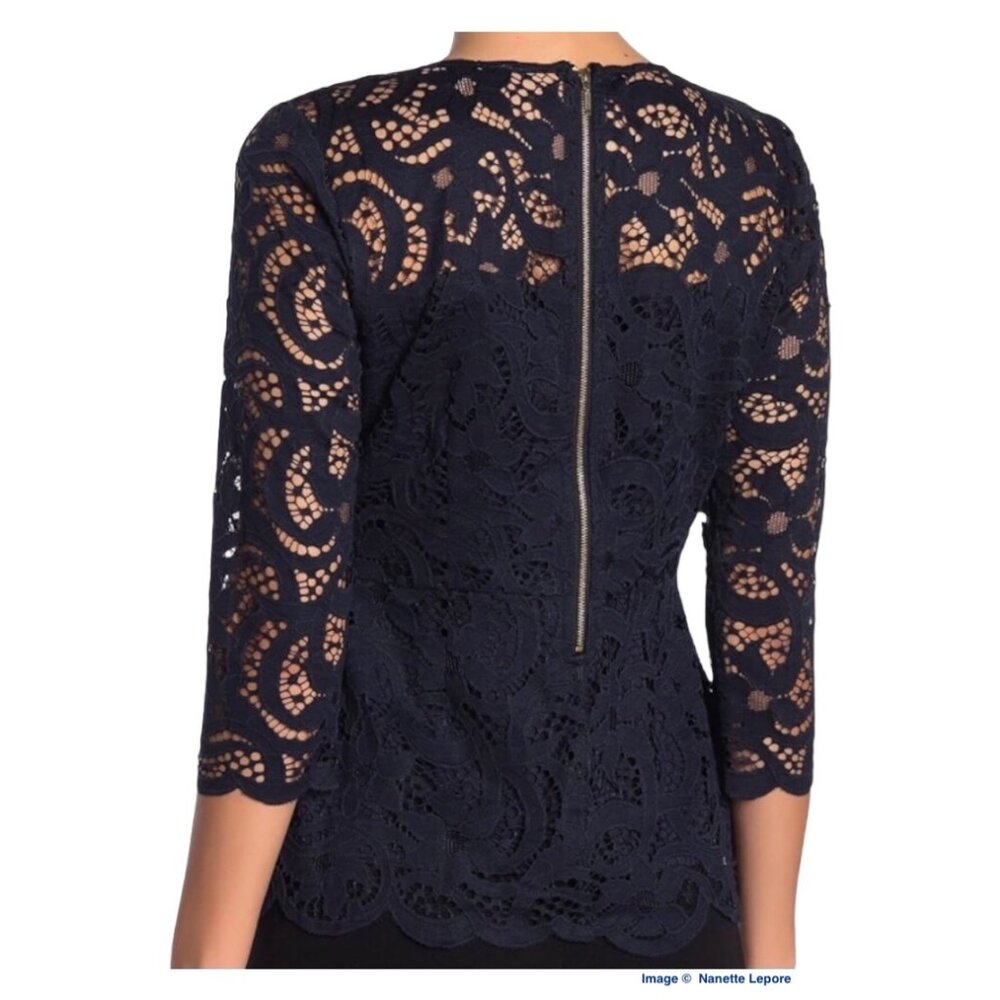 NWT Nanette Lepore Navy Blue Lace Scalloped 3/4 Sleeve Peplum Blouse Size Small